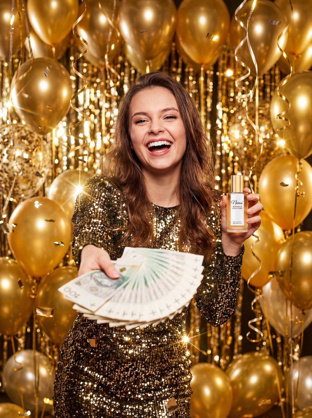 Kobieta ciesząca się zapachem perfum Neness i wygraną w loterii
